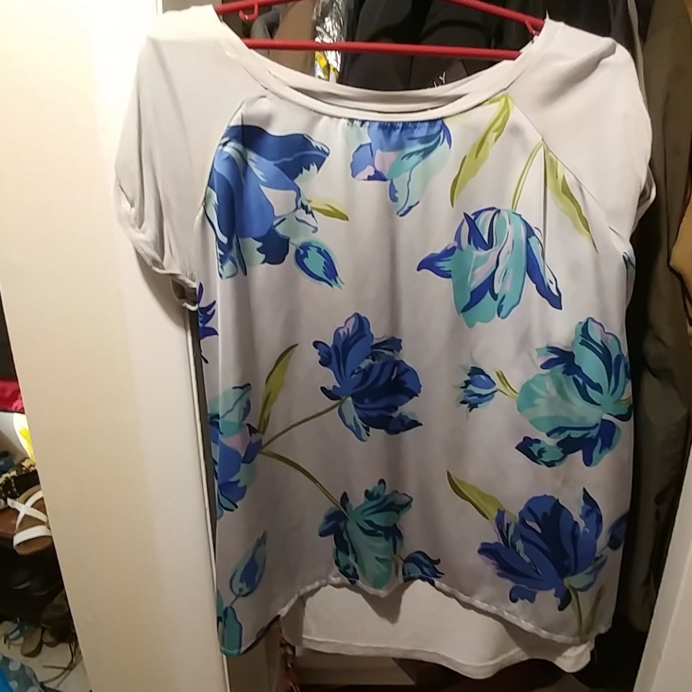 Light gray short sleeve top with blue flowers